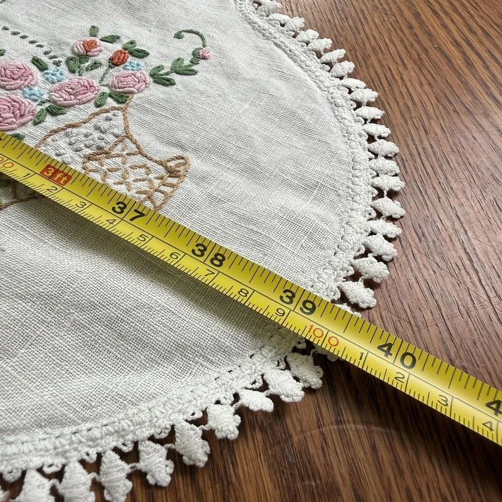 Vtg Embroidered Crochet Dresser Scarf Table Runner Flower Basket 39